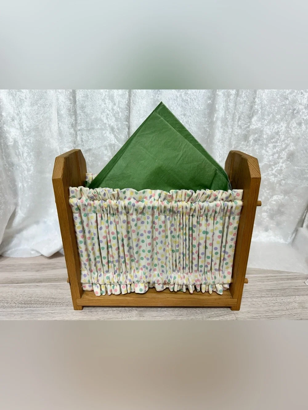 Wooden Fabric Pocket Organizer Mail Recipe Card Holder Cottagecore Polka Dot
